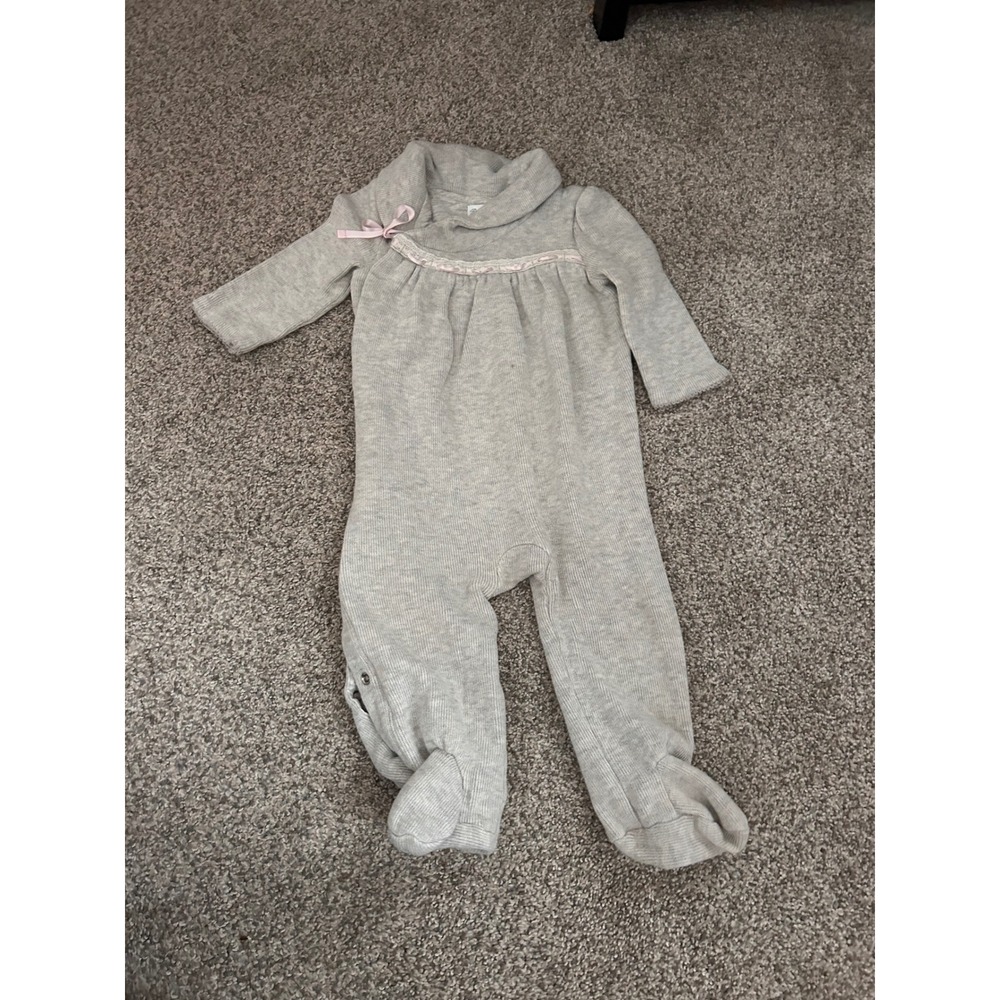 Ralph Lauren Baby Girls Gray Knit Footed Coverall Pink Lace Ribbon 9M